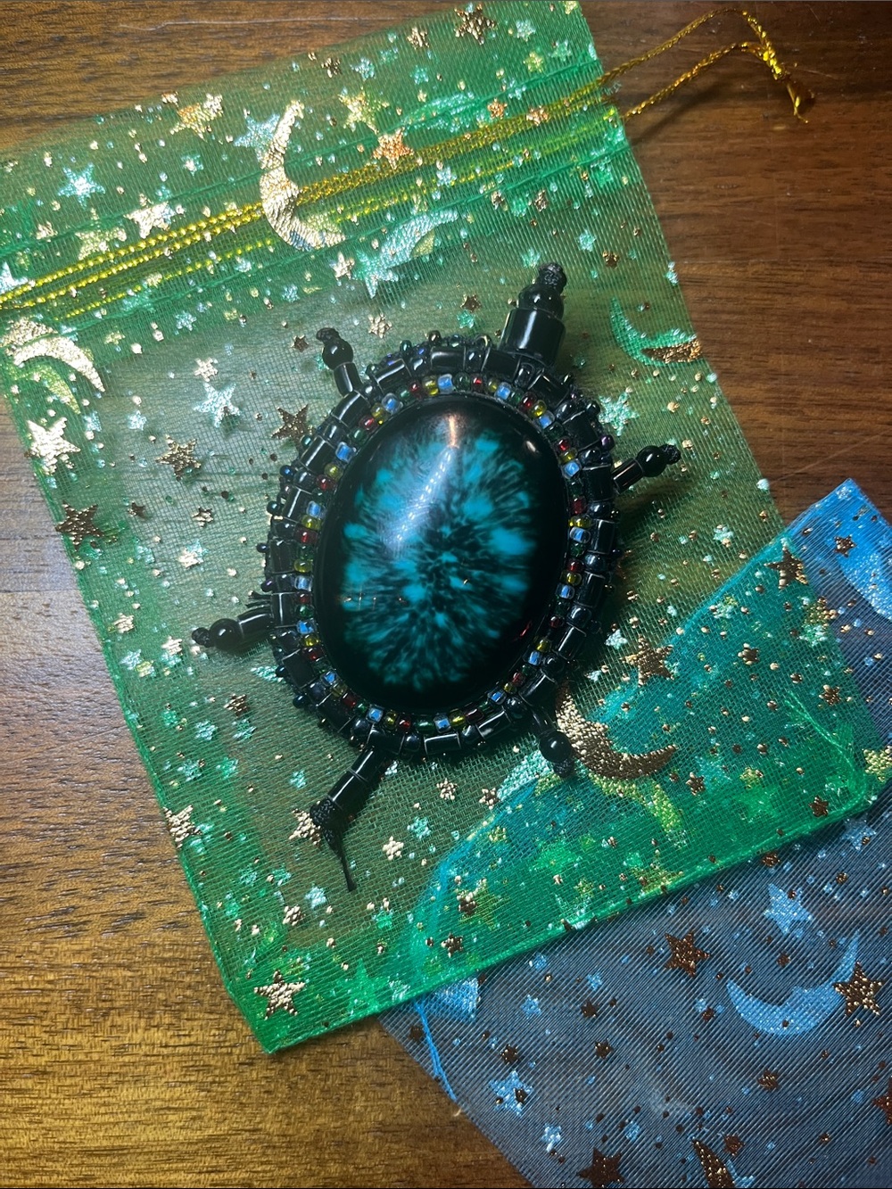 Handmade Teal Cabochon Turtle Beaded Brooch with Rainbow & Black Accents NEW